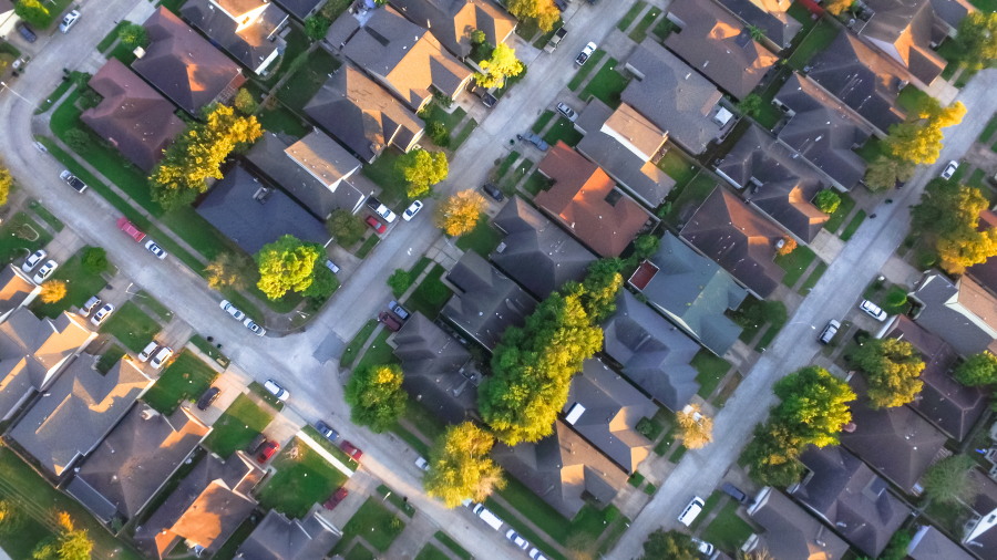 An aerial view of a housing development