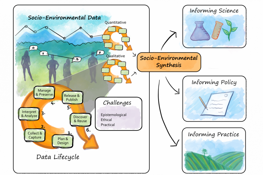A graphic how qualitative and quantitative data are used in socio-environmental synthesis research