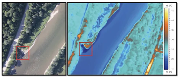 A side-by-side of an aerial photo and computer-generated map showing the thermal differences present in a water channel