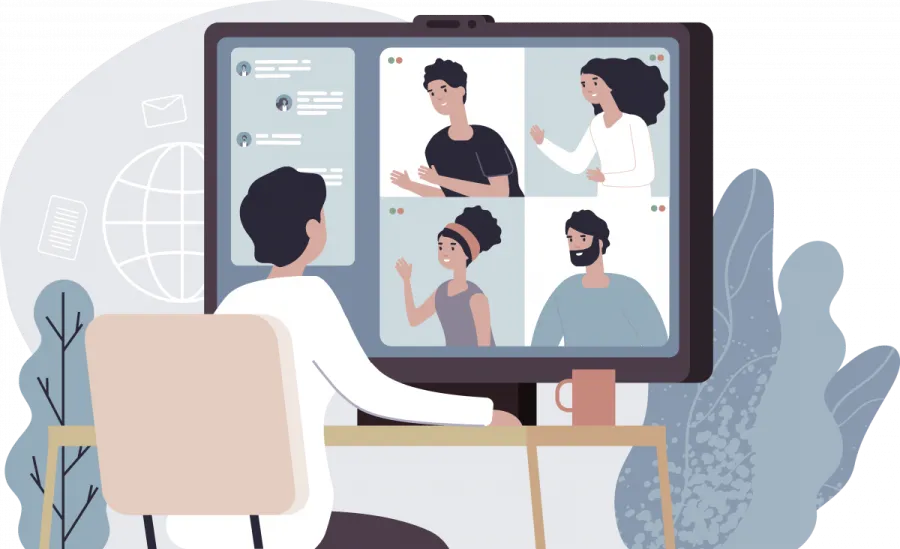 An illustration of a person video conferencing with four people on a computer