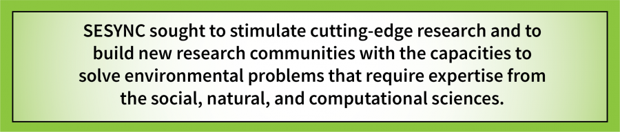 A pull-out quote saying: SESYNC sought to stimulate cutting-edge research and to build new research communities with the capacities to solve environmental problems that require expertise from the social, natural, and computational sciences.