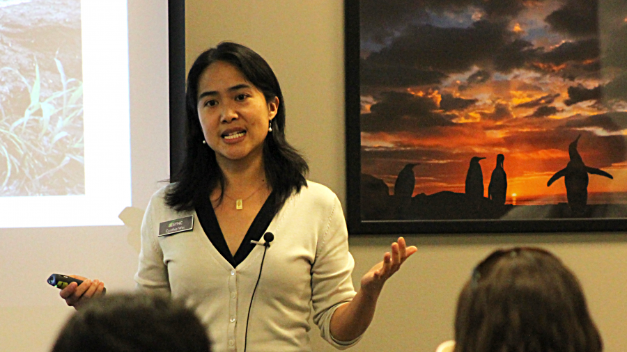 A woman standing in front of people presenting 