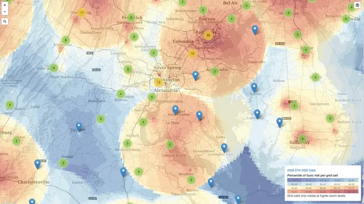 A heat map showing the locations of industrial polluters in Maryland, the District of Columbia, Virginia, and Delaware