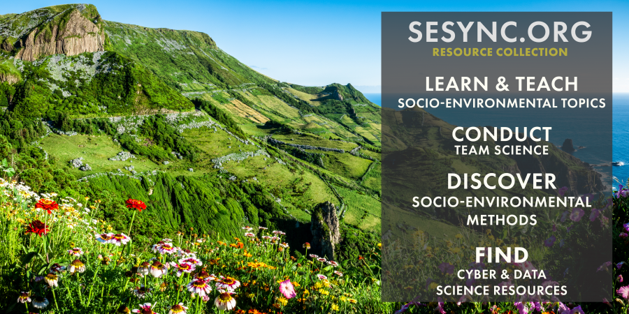 A photo of a landscape with text overlaid describing the categories of SESYNC's resource collection: Learn & Teach socio-environmental topics; Conduct team science; Discover socio-environmental methods; & Find Cyber & Data Science Resources