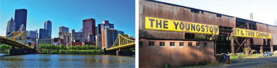 A side-by-side comparison of Pittsburgh, PA and Youngstown, OH. In the Pittsburgh picture on the left, we see a view of Pittsburgh's skyline featuring several buildings downtown and the city's bridges, while in the Youngstown picture on the right, we see an abandoned factory building that looks decrepit. 