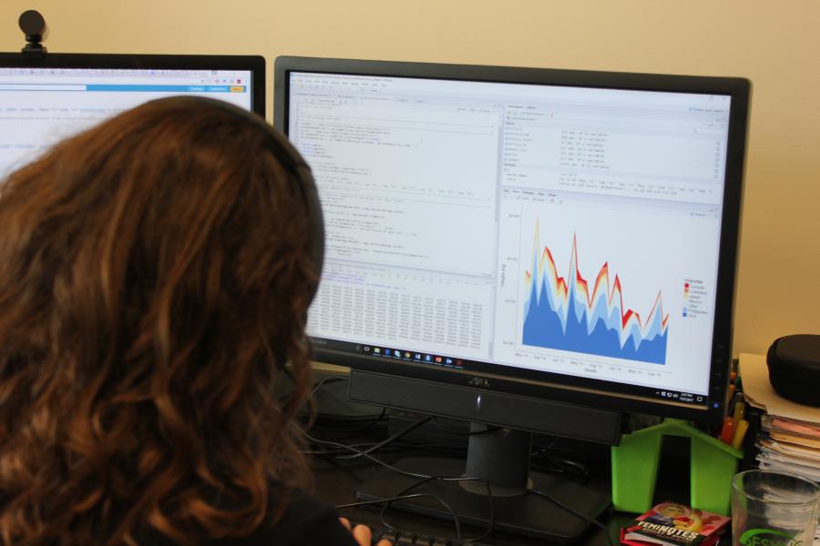 woman sits at computer with forecasting graph