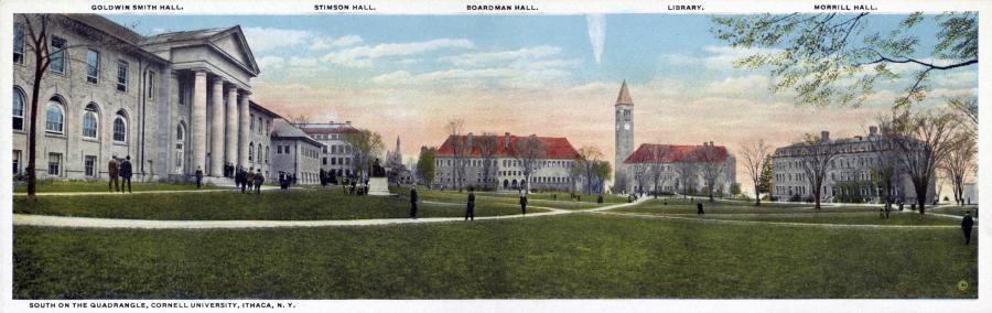 A painted postcard from 1900. of Cornell University Campus' quadrangle
