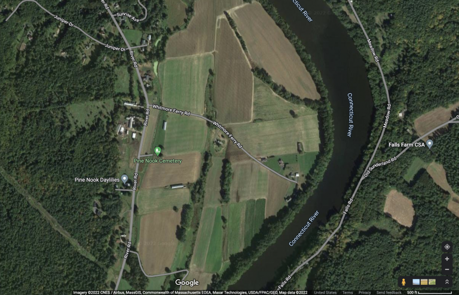 An aerial satellite image of farmland along the Connecticut River in Massachusetts