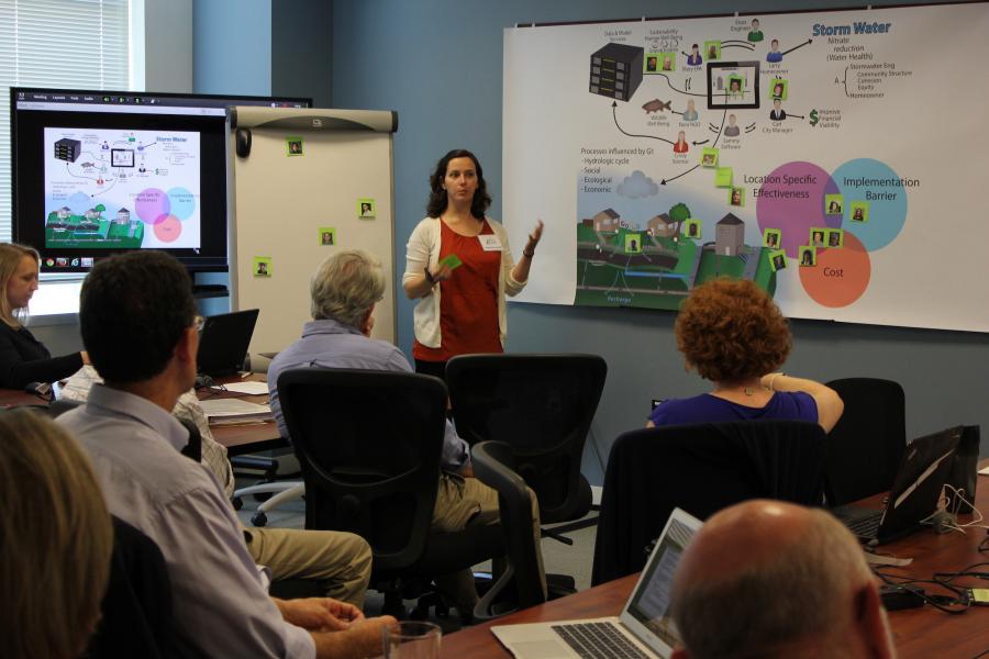 A woman standing in front of a board with a graphic in front of a group of seated people