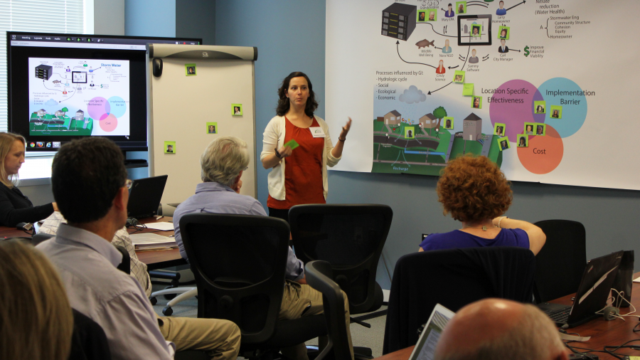 A woman standing in front of a board with a graphic in front of a group of seated people