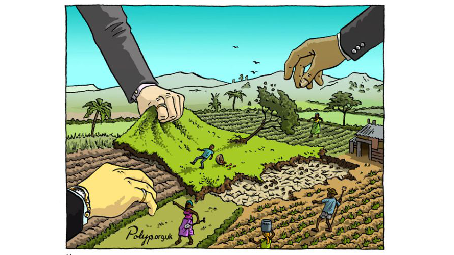 A political cartoon showing giant hands extending from the sky grabbing at pieces of land while smaller individuals, who were tending to that land look on in anger 