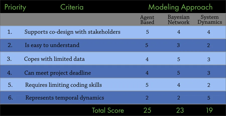 This table contains examples of criteria to prioritize among different modeling approaches
