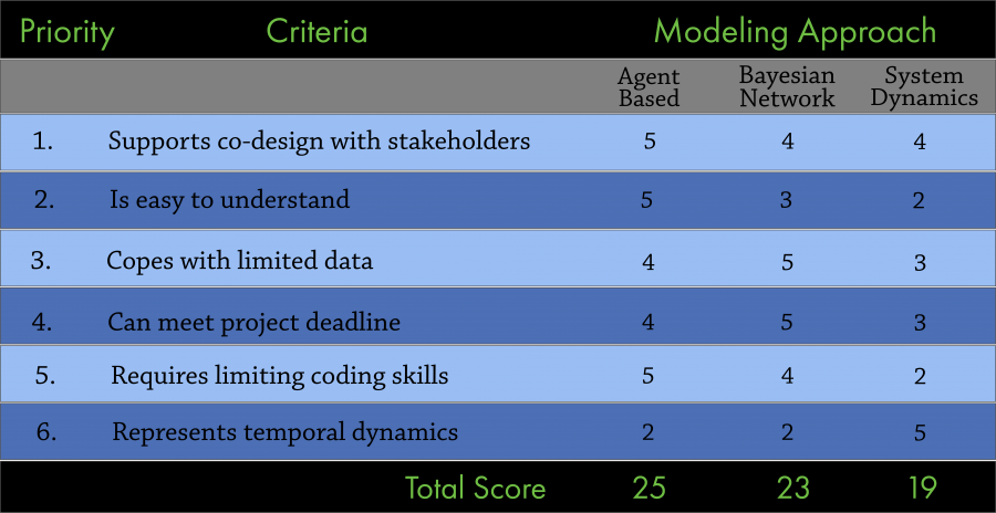 This table contains examples of criteria to prioritize among different modeling approaches
