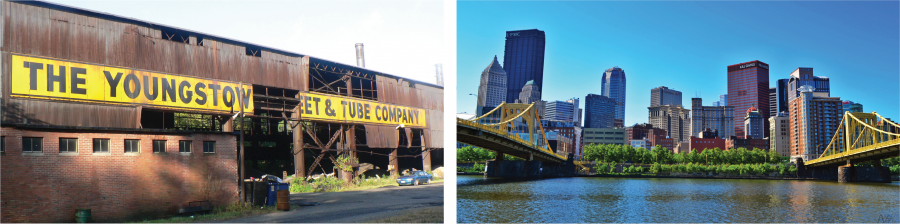 A side-by-side comparison of Pittsburgh, PA and Youngstown, OH. In the Pittsburgh picture on the left, we see a view of Pittsburgh's skyline featuring several buildings downtown and the city's bridges, while in the Youngstown picture on the right, we see an abandoned factory building that looks decrepit.