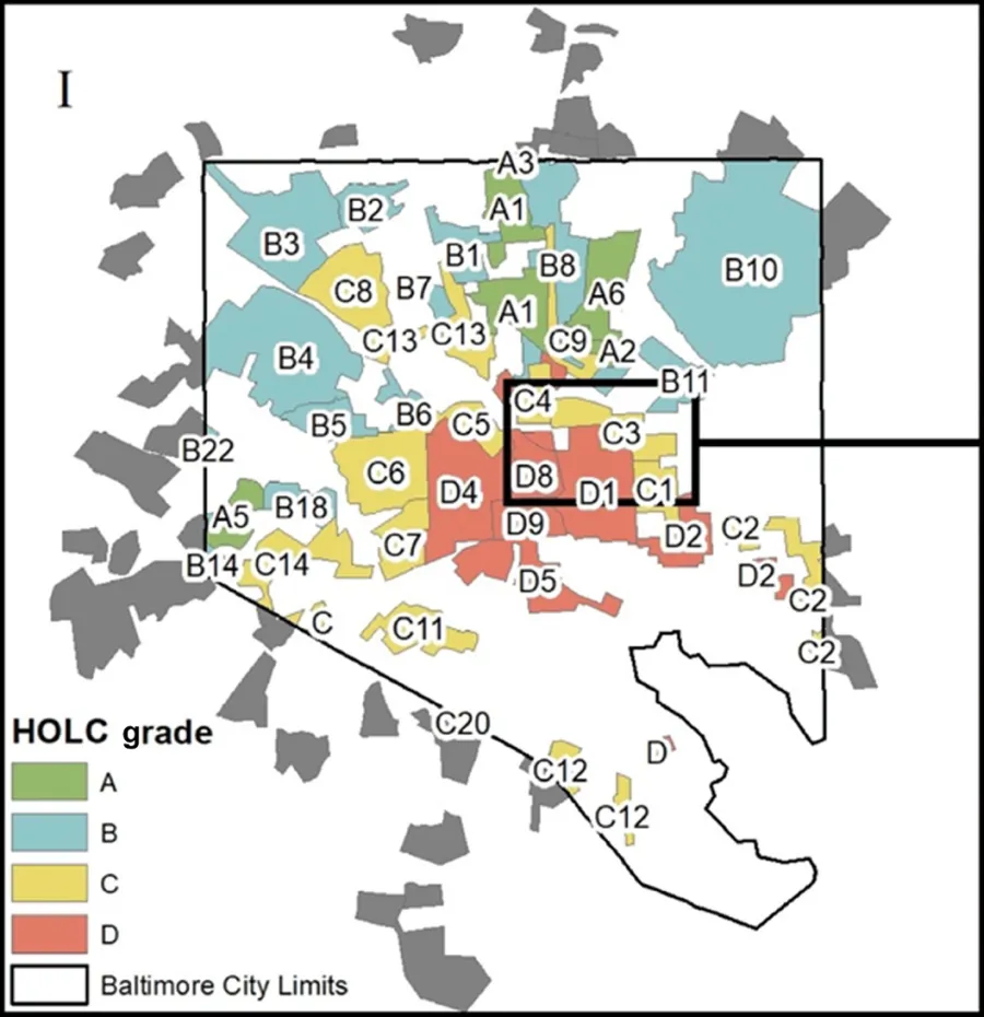A map of Baltimore showing redlined neighborhoods