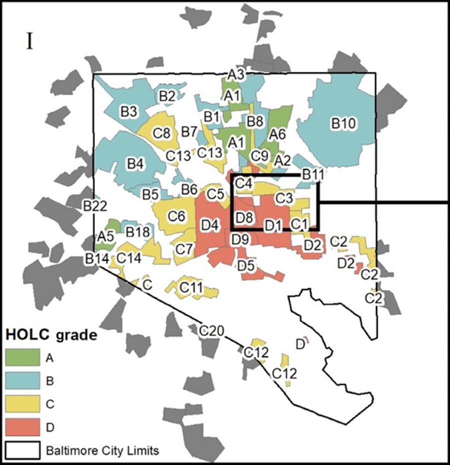 A map of Baltimore showing redlined neighborhoods