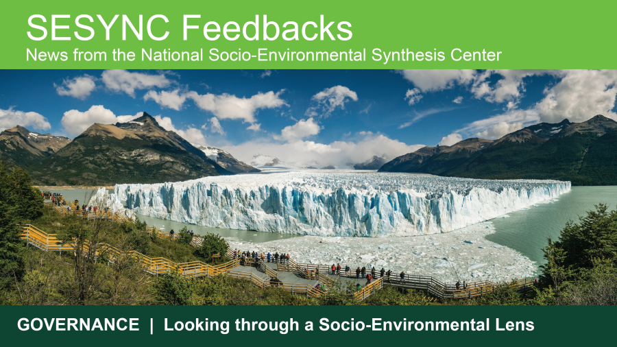 An image showing the top portion of the SESYNC newsletter with text that says "Governance: Looking through a Socio-Environmental Lens" underneath an image of people gathered on a boardwalk looking at a glacier
