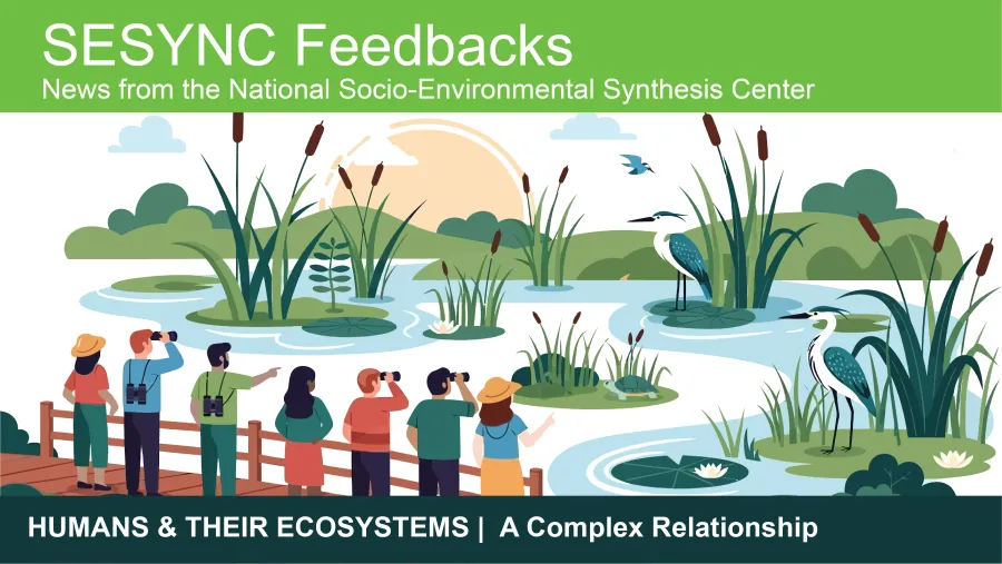 A preview of the April 2026 newsletter with an illustrated graphic of people birdwatching large birds in a pond from a bridge. The bottom text reads: "Humans & Their Ecosystems: A Complex Relationship"