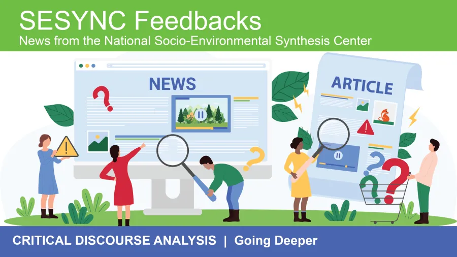 A preview of the May 2026 newsletter with an illustrated graphic of people examining a news article on a computer and an article printed on paper; birdwatching large birds in a pond from a bridge. The bottom text reads: "Critical Discourse Analysis: Going Deeper".