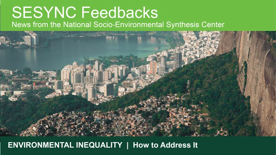 An image showing the top portion of the SESYNC newsletter, with a photo of high rises and large buildings next to a neighborhood with small houses w together multi-colored circles to symbolize working together. The header says: Top Topics: Actionable Science and Complex S-E Systems