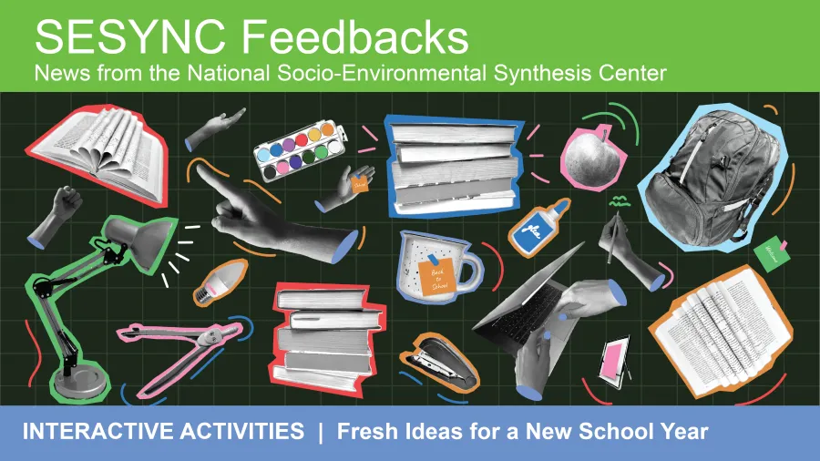 An image showing the top portion of the SESYNC newsletter with a collage of school supplies against a dark green background. The headers says "Interactive Activities: Fresh Ideas for a New School Year".