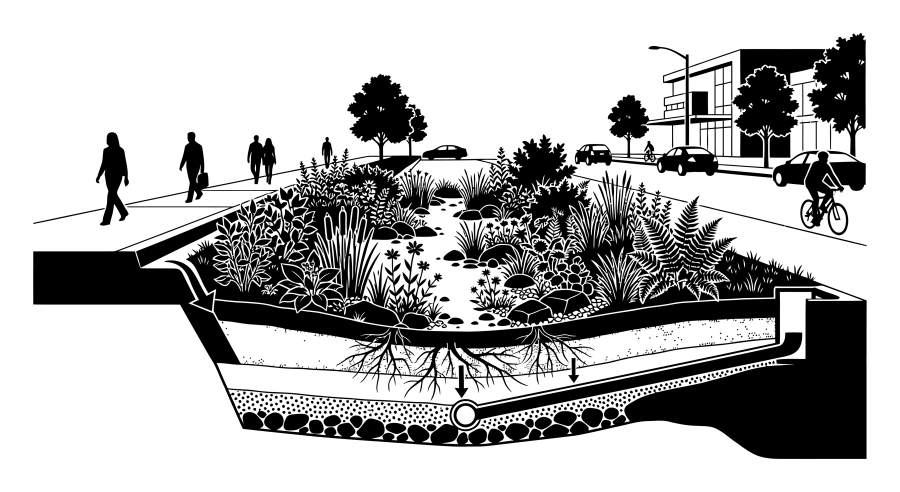 a graphic showing a bioswale