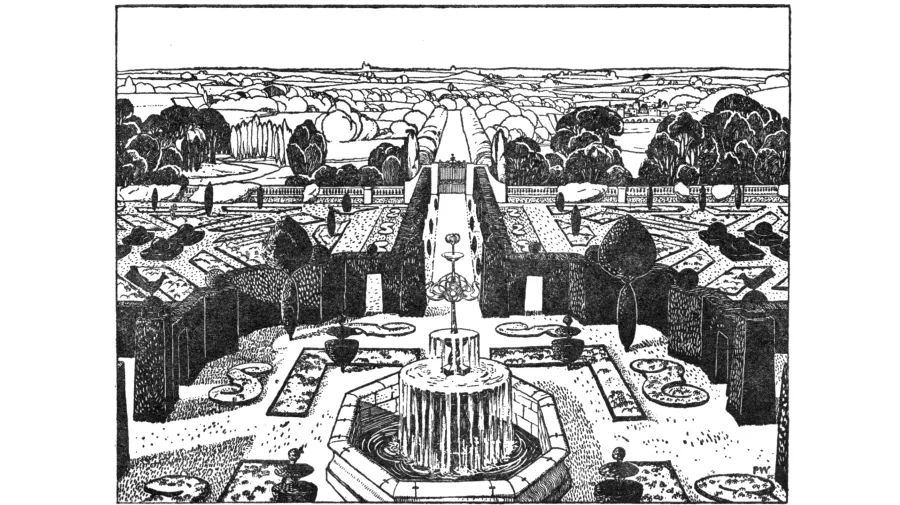 A black and white illustration of a garden