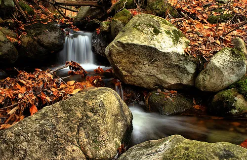 A waterfall between rocks covered with autumn leaves