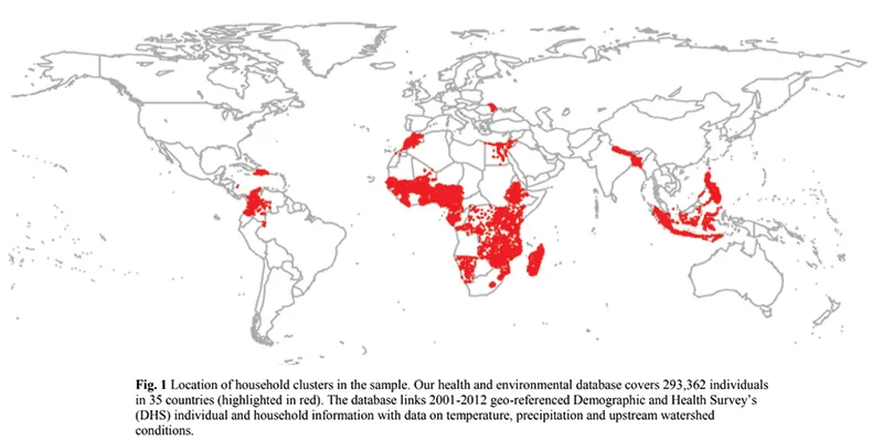 A world map showing the 35 countries represented in the study's sample indicated in red. The countries are mostly in Central and South America, Africa, and Asia