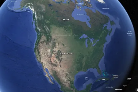 A satellite image of the earth from space focused on North America taken from the Google Earth program