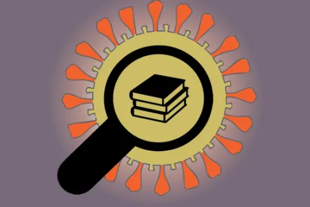 The Infectious Historians podcast logo, featuring a back magnifying glass over a microbe with books in the middle of the magnifying glass