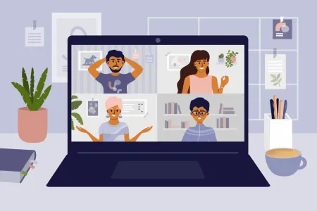 An illustration of four people meeting virtually on a laptop screen