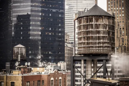 A wooden water tower on a rooftop in a city