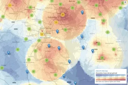 A heat map showing the locations of industrial polluters in the Maryland, District of Columbia, Virginia, and Delaware