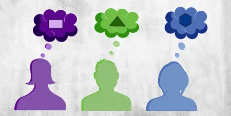 An illustration showing three silhouettes with thought bubbles with each person thinking about three different shapes, a rectangle, a triangle, and a hexagon, illustrating the differences in disciplinary outlooks. 