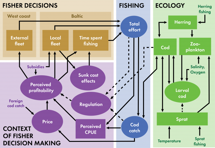 A diagram of an Integrated Assessment Model with coupled socio-environmental components from Lade et al. (2015).