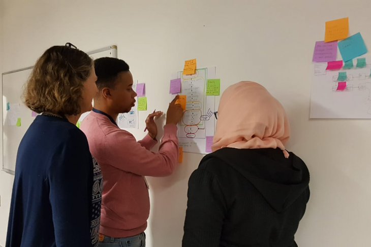 A group of people gathered around a bunch of sticky notes posted on a wall