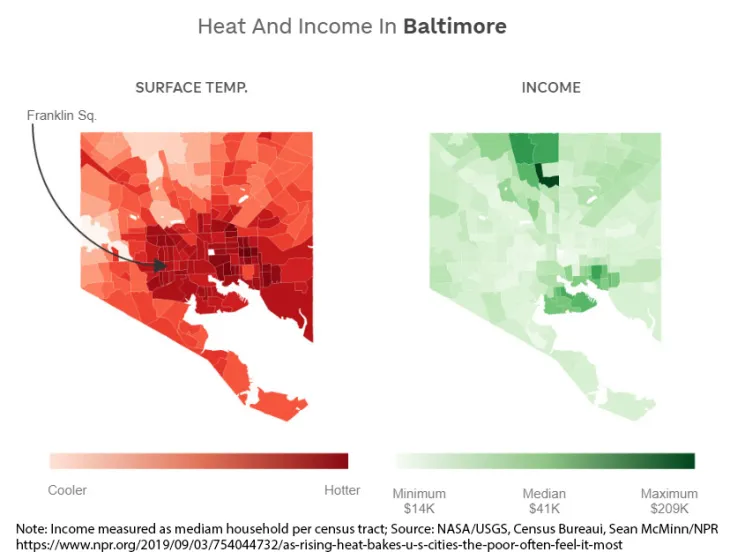 A heat map of Baltimore city compared to a map of income levels
