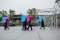 A in image of people walking with boxes around each person with identifying information done through machine learning