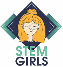 An illustration of the head of a young blonde girl wearing glasses with STEM GIRLS written beneath